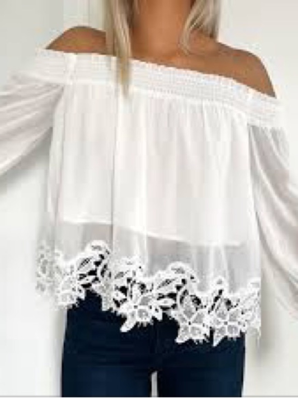 All in Favor White Off-Shoulder Lace Hem Blouse
